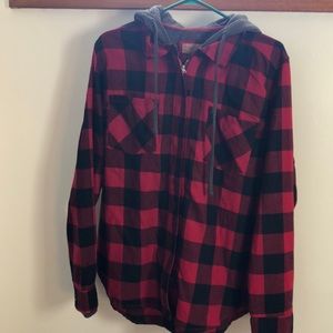 Buffalo plaid zip up with buttons and grey hood